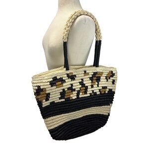 Animal Print Woven Tote Bag Braided Handles Open Top Neutral Striped Beach Vacay